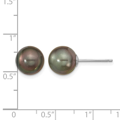 14k White Gold 9-10mm Black Round Tahitian Saltwater Cultured Pearl Post Earrings