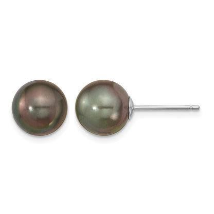 14k White Gold 9-10mm Black Round Tahitian Saltwater Cultured Pearl Post Earrings