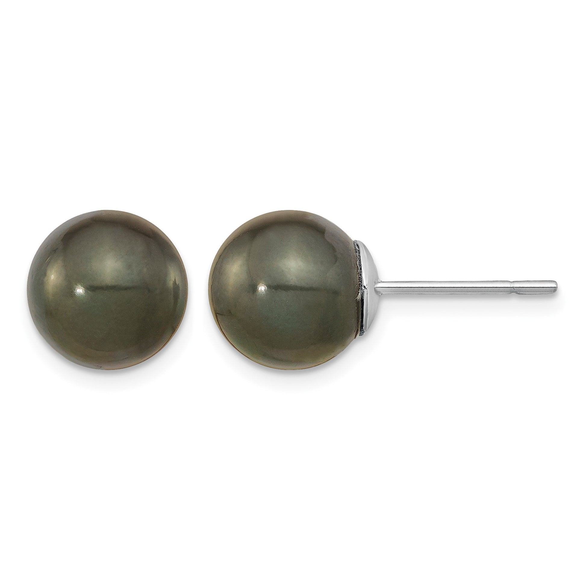 14k White Gold 10-11mm Black Round Tahitian Saltwater Cultured Pearl Post Earrings