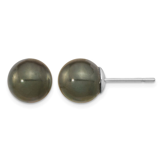 14k White Gold 10-11mm Black Round Tahitian Saltwater Cultured Pearl Post Earrings