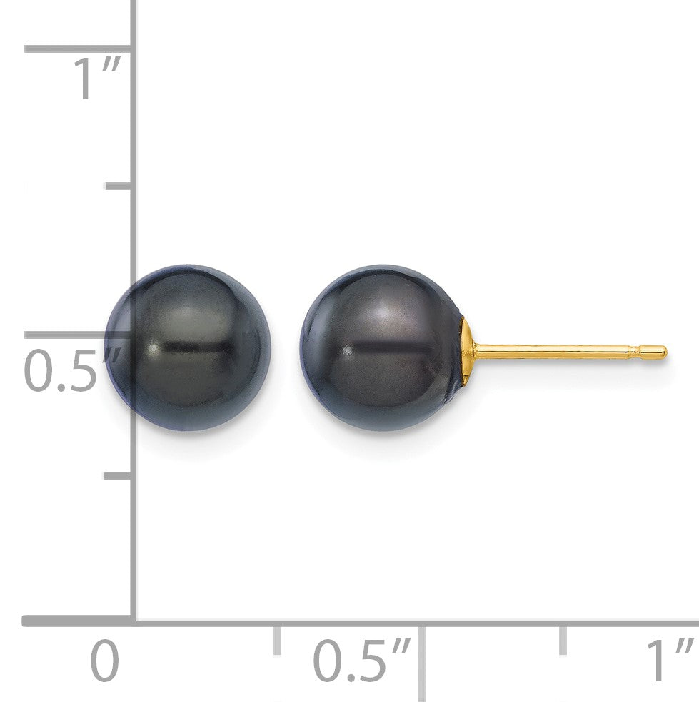 14k 7-8mm Black Round Akoya Saltwater Cultured Pearl Post Earrings