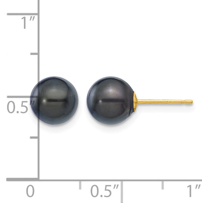 14k 7-8mm Black Round Akoya Saltwater Cultured Pearl Post Earrings
