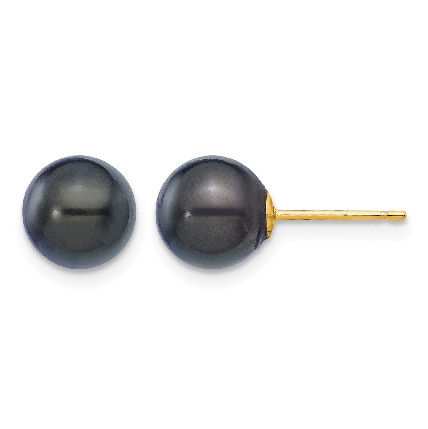 14k 7-8mm Black Round Akoya Saltwater Cultured Pearl Post Earrings