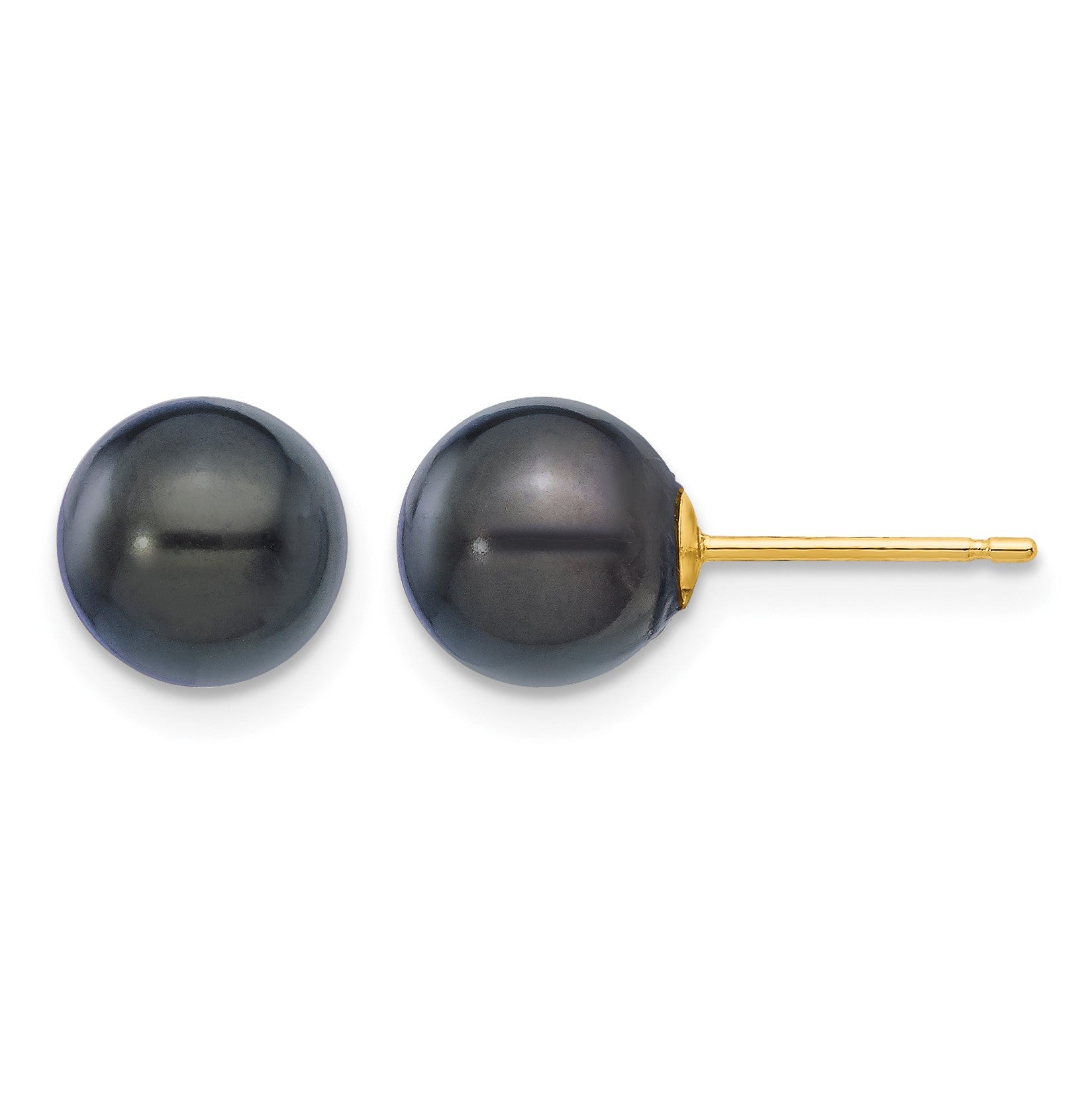 14k 7-8mm Black Round Akoya Saltwater Cultured Pearl Post Earrings