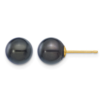 14k 7-8mm Black Round Akoya Saltwater Cultured Pearl Post Earrings