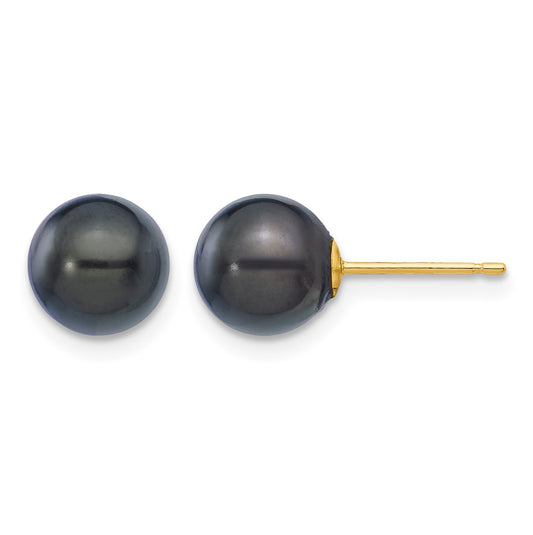 14k 7-8mm Black Round Akoya Saltwater Cultured Pearl Post Earrings
