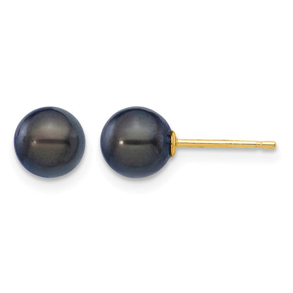 14k 6-7mm Black Round Akoya Saltwater Cultured Pearl Post Earrings