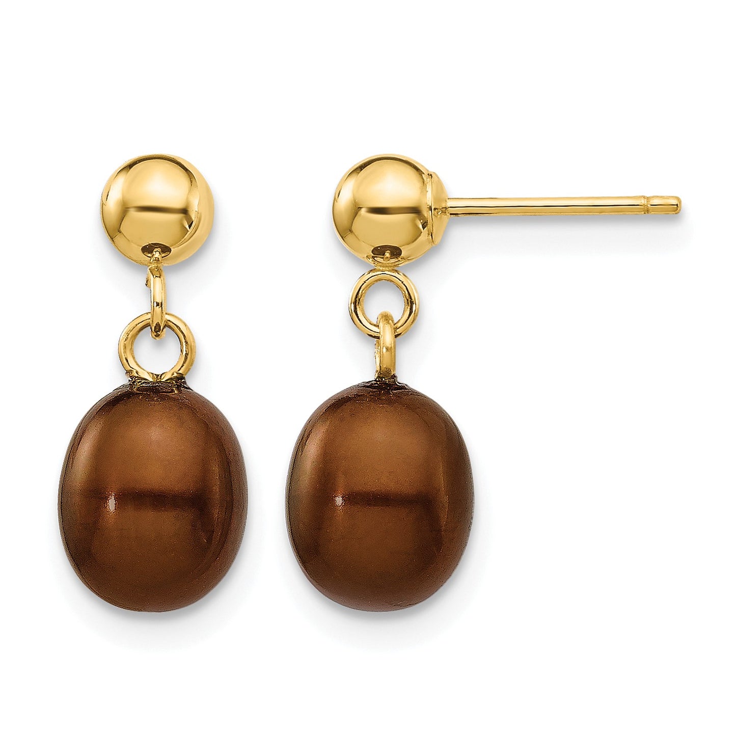 14k 6-7mm Brown Rice Freshwater Cultured Pearl Dangle Post Earrings