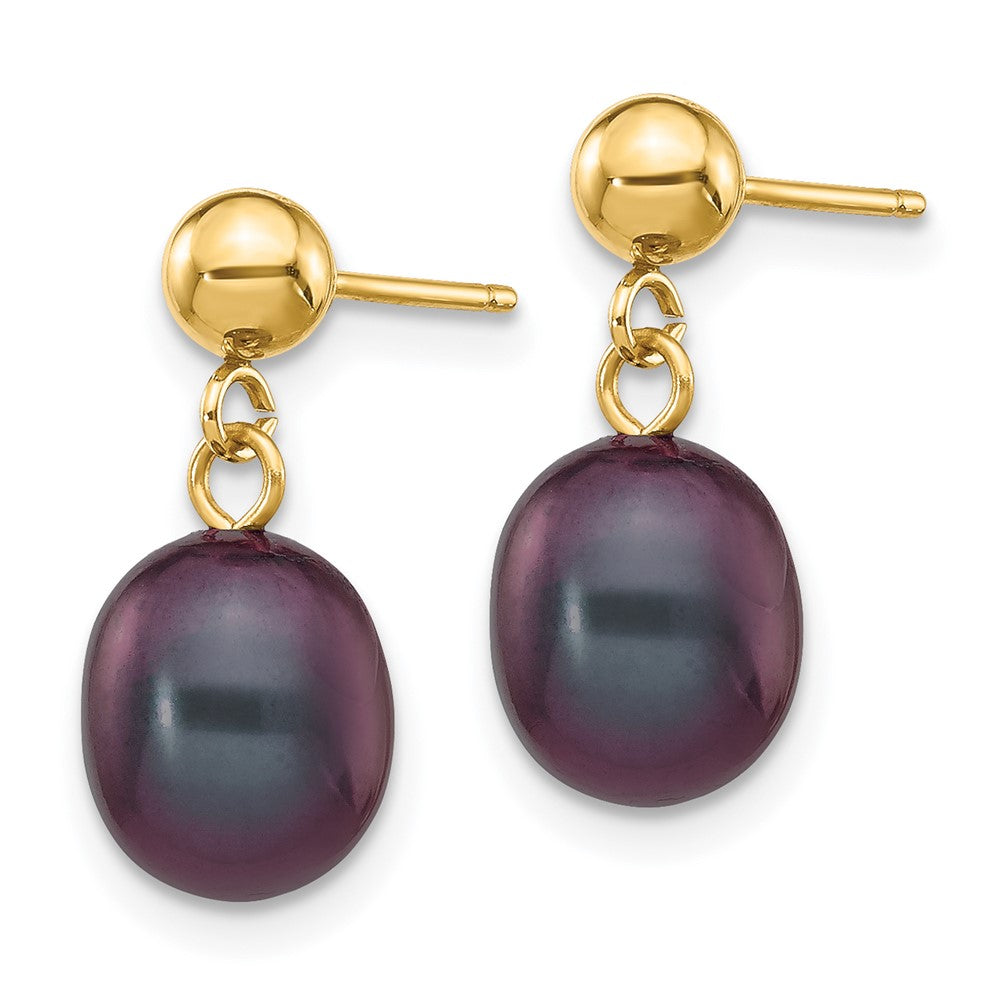 14k 7-8mm Black Rice Freshwater Cultured Pearl Post Dangle Earrings