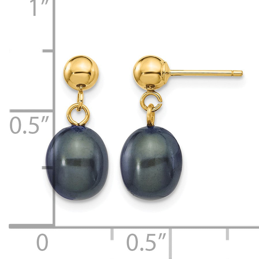 14k 7-8mm Black Rice Freshwater Cultured Pearl Dangle Post Earrings