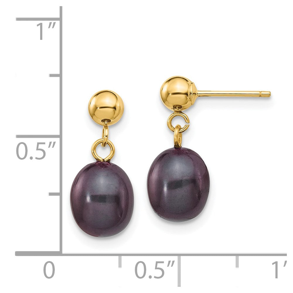 14k 7-8mm Black Rice Freshwater Cultured Pearl Post Dangle Earrings