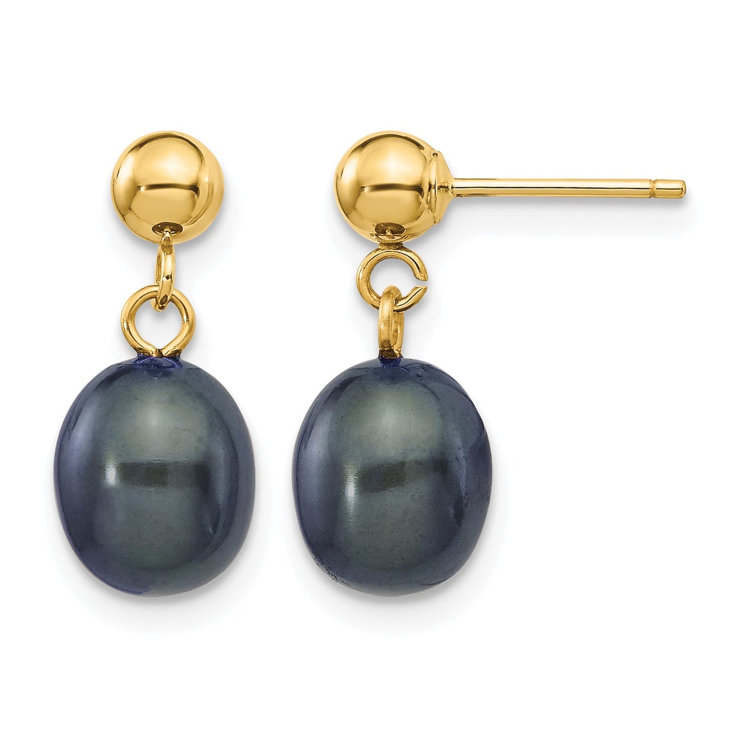 14k 7-8mm Black Rice Freshwater Cultured Pearl Dangle Post Earrings