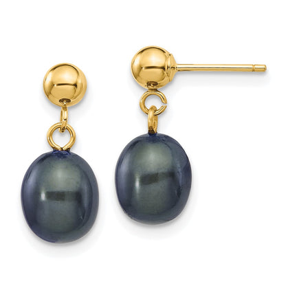 14k 7-8mm Black Rice Freshwater Cultured Pearl Post Dangle Earrings