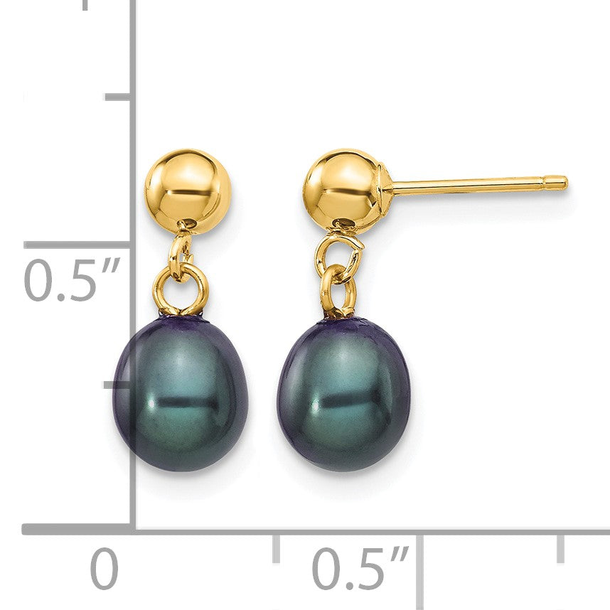 14k 6-7mm Black Rice Freshwater Cultured Pearl Dangle Post Earrings