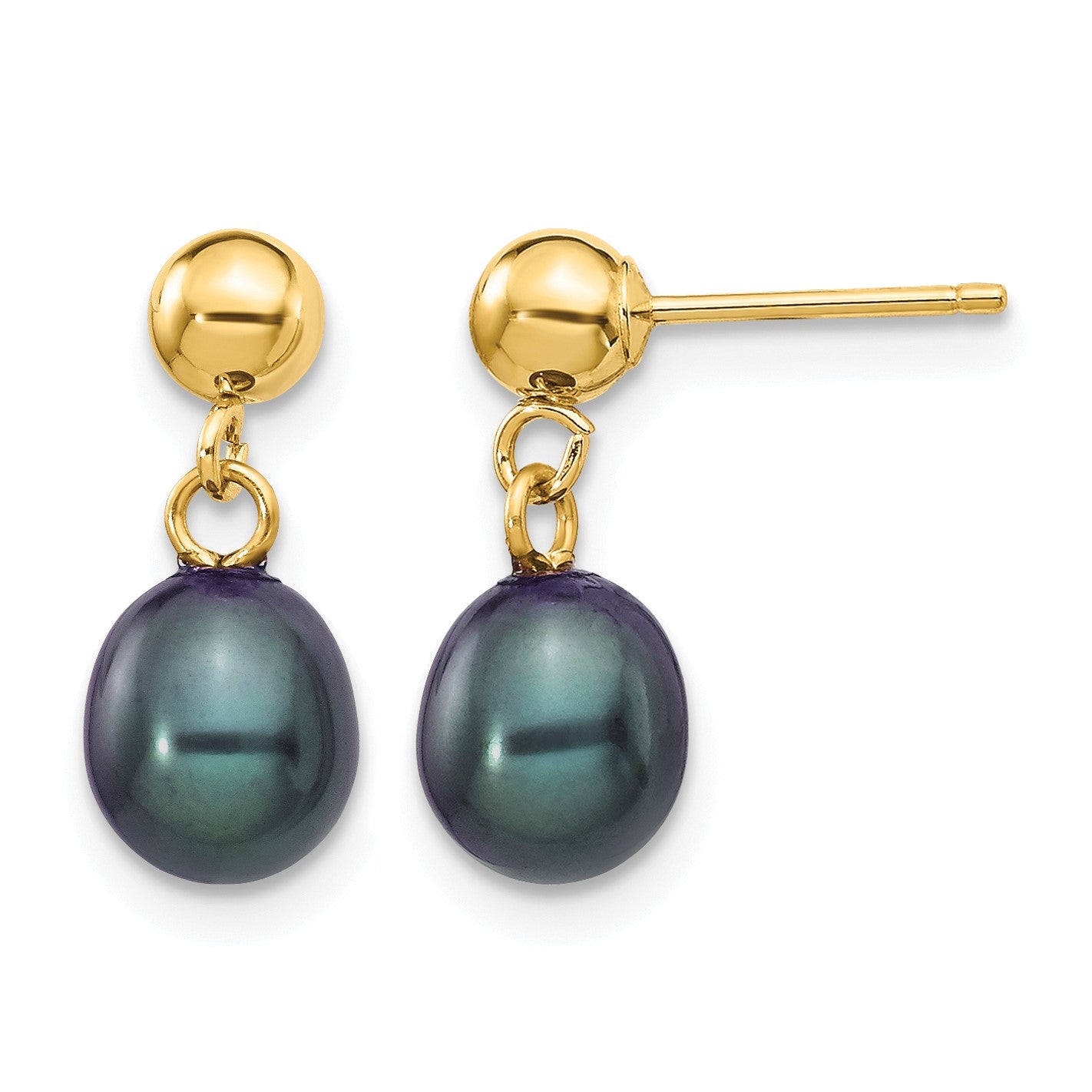 14k 6-7mm Black Rice Freshwater Cultured Pearl Dangle Post Earrings