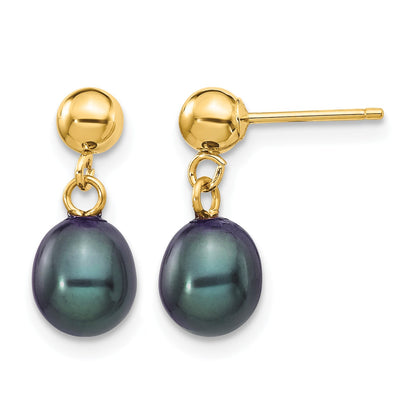 14k 6-7mm Black Rice Freshwater Cultured Pearl Dangle Post Earrings