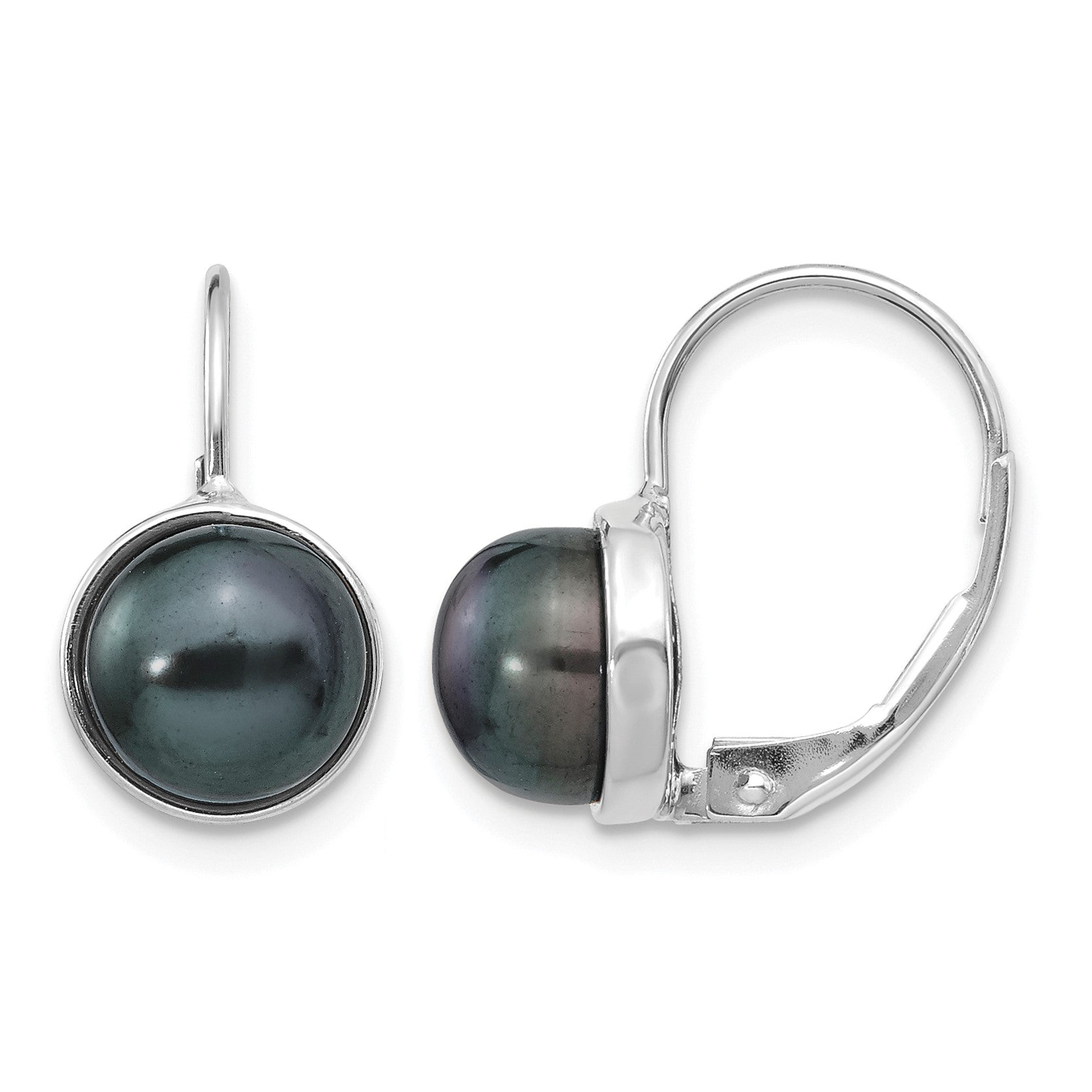 14k White Gold 6-7mm Black Button Freshwater Cultured Pearl Leverback Earrings