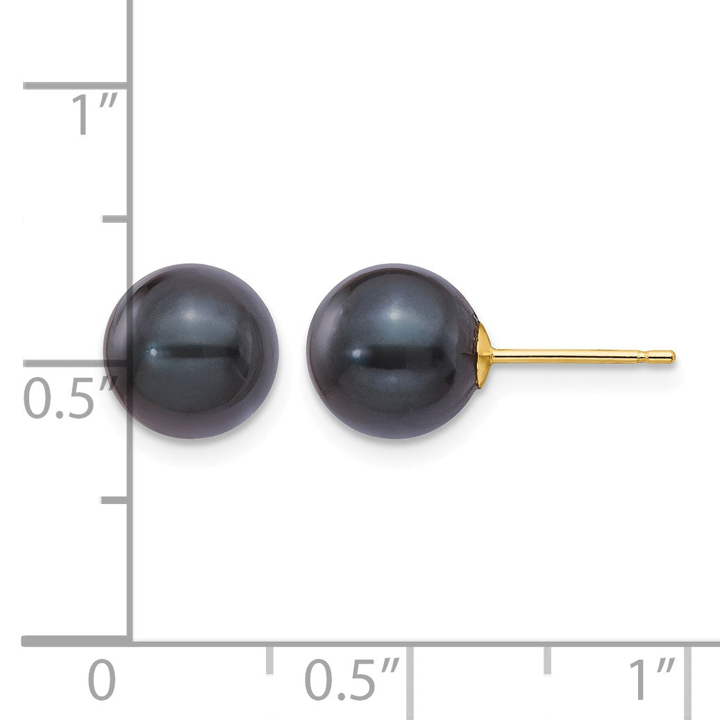 14k 8-9mm Black Round Akoya Saltwater Cultured Pearl Post Earrings