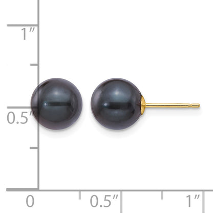 14k 8-9mm Black Round Akoya Saltwater Cultured Pearl Post Earrings