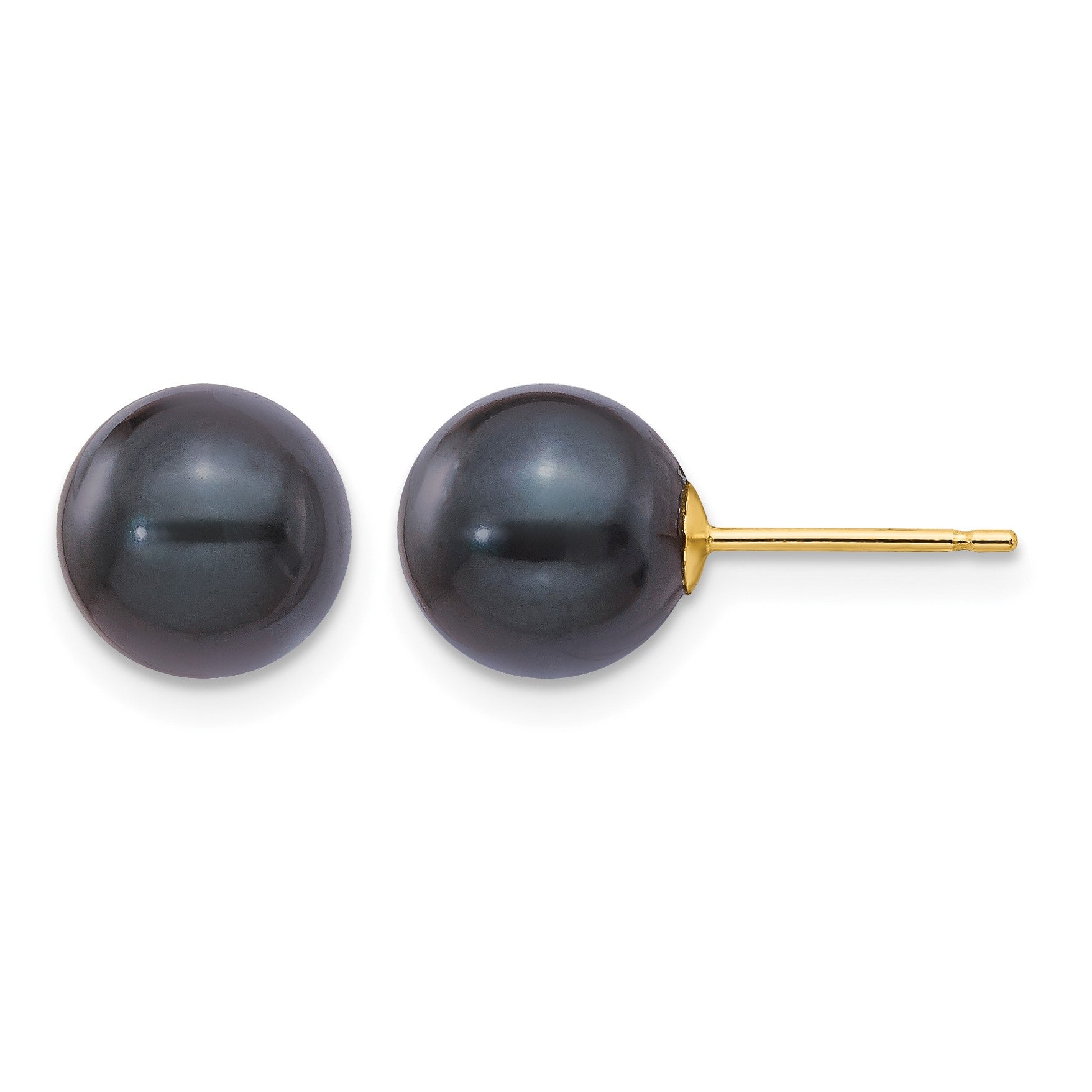 14k 8-9mm Black Round Akoya Saltwater Cultured Pearl Post Earrings