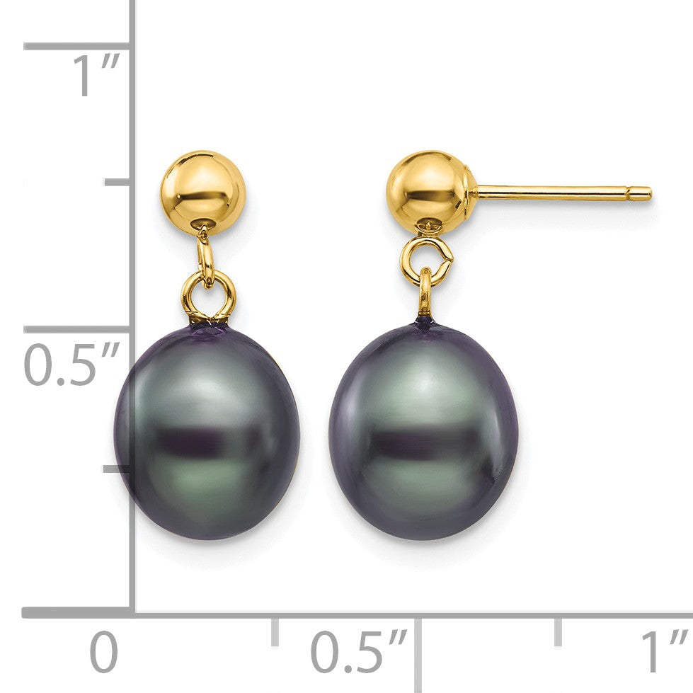 14k 8-9mm Black Rice Freshwater Cultured Pearl Dangle Post Earrings