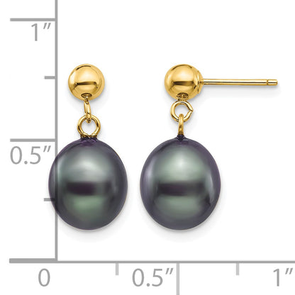 14k 8-9mm Black Rice Freshwater Cultured Pearl Dangle Post Earrings