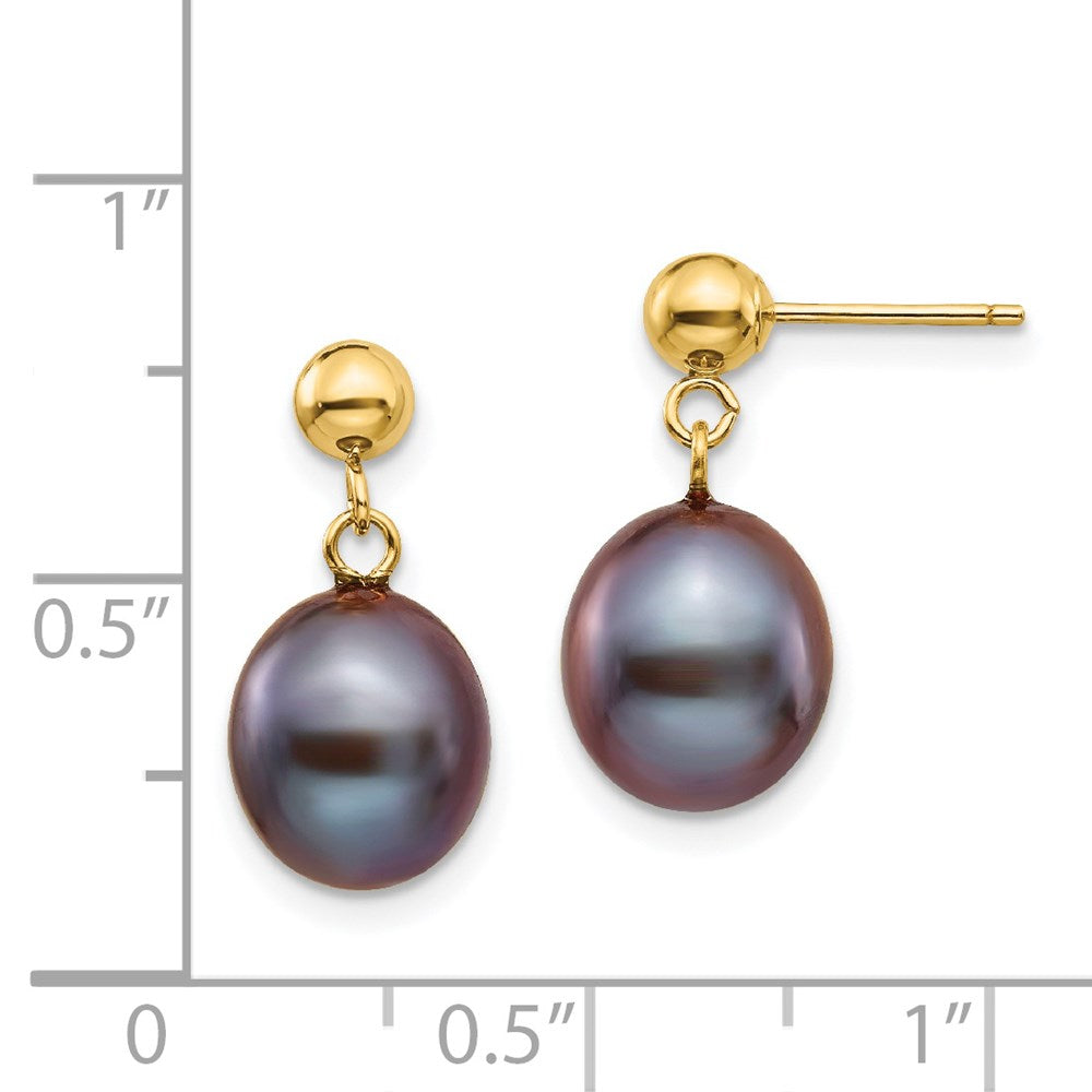 14k 8-9mm Black Rice Freshwater Cultured Pearl Post Dangle Earrings