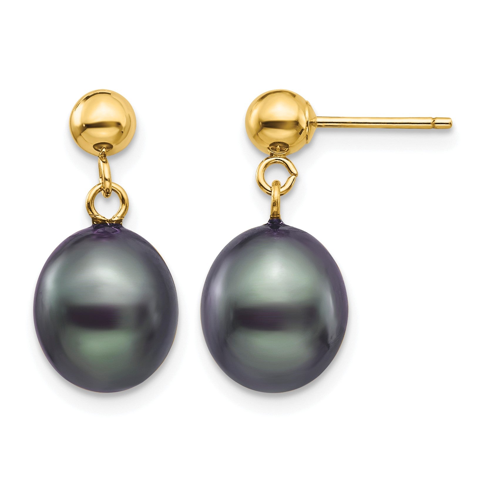14k 8-9mm Black Rice Freshwater Cultured Pearl Dangle Post Earrings