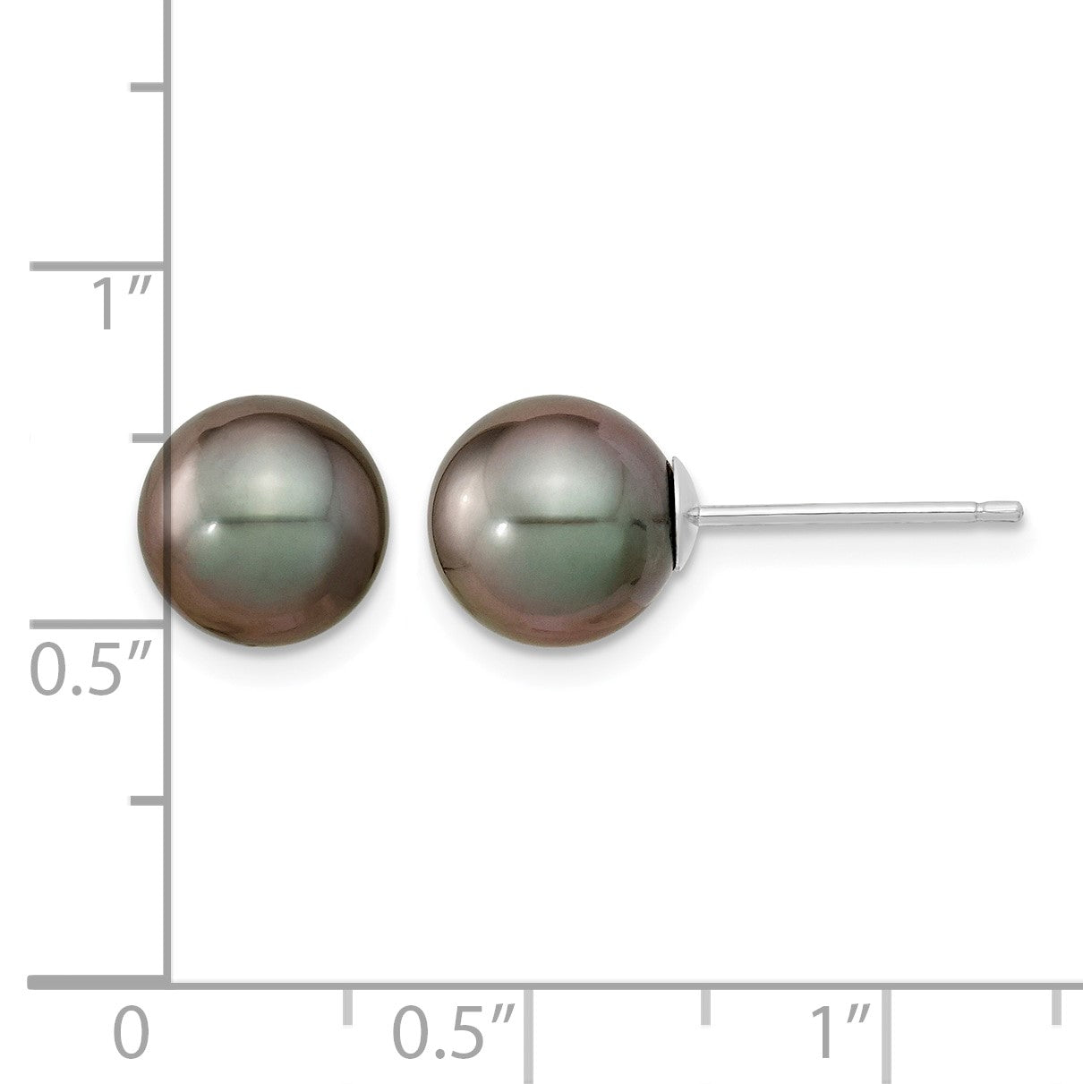 14k White Gold 8-9mm Black Round Tahitian Saltwater Cultured Pearl Post Earrings