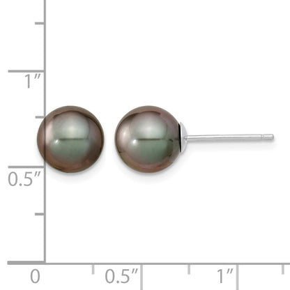 14k White Gold 8-9mm Black Round Tahitian Saltwater Cultured Pearl Post Earrings