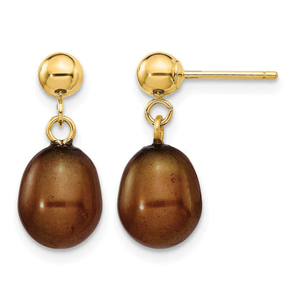 14k 7-8mm Brown Rice Freshwater Cultured Pearl Dangle Post Earrings