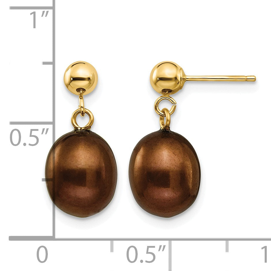 14k 8-9mm Brown Rice Freshwater Cultured Pearl Dangle Post Earrings