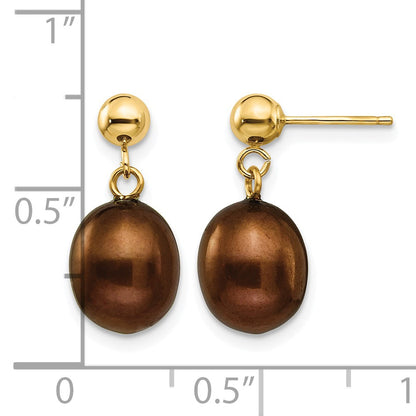 14k 8-9mm Brown Rice Freshwater Cultured Pearl Dangle Post Earrings