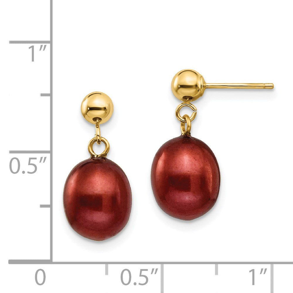 14k 8-9mm Brown Freshwater Cultured Pearl Post Dangle Earrings