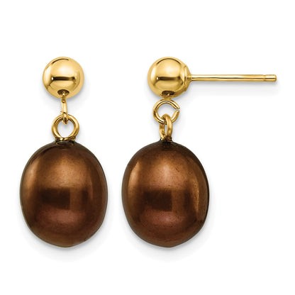 14k 8-9mm Brown Rice Freshwater Cultured Pearl Dangle Post Earrings
