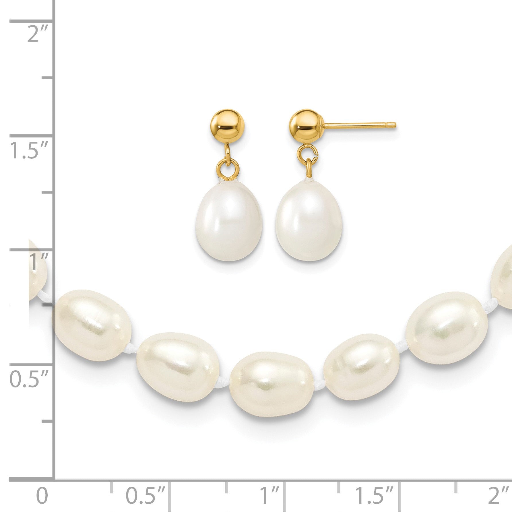 14k 7-8mm White Rice Freshwater Cultured Pearl 18 inch Necklace and Post Earring Set