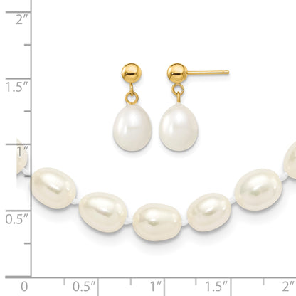 14k 7-8mm White Rice Freshwater Cultured Pearl 18 inch Necklace and Post Earring Set