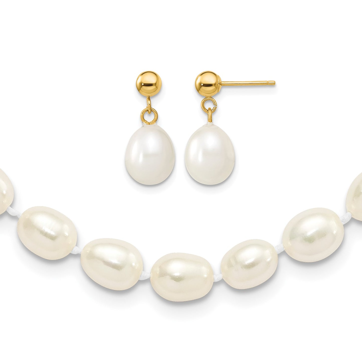14k 7-8mm White Rice Freshwater Cultured Pearl 18 inch Necklace and Post Earring Set