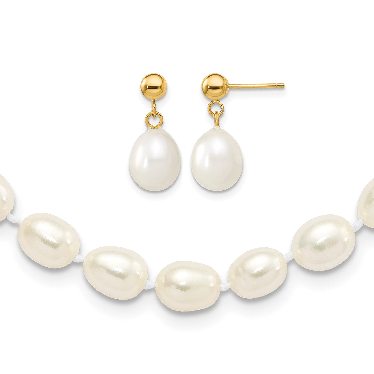 14k 7-8mm White Rice Freshwater Cultured Pearl 18 inch Necklace and Post Earring Set