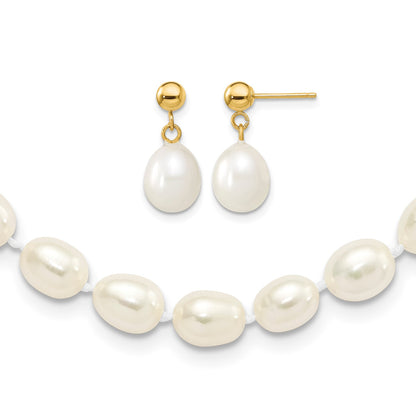 14k 7-8mm White Rice Freshwater Cultured Pearl 18 inch Necklace and Post Earring Set