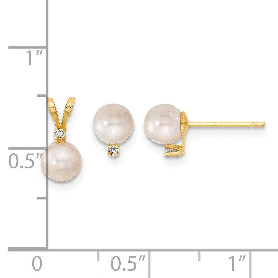 14k 5-6mm White Round Akoya Saltwater Cultured Pearl and .03 Carat Diamond Post Earrings and Pendant Set