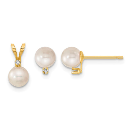 14k 5-6mm White Round Akoya Saltwater Cultured Pearl and .03 Carat Diamond Post Earrings and Pendant Set