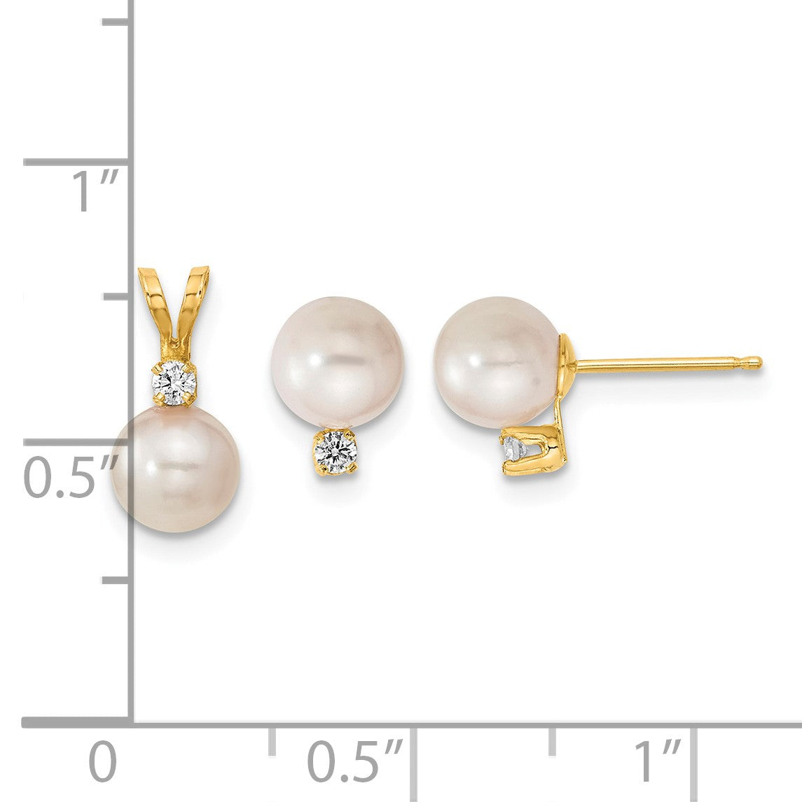 14k 6-7mm White Round Akoya Saltwater Cultured Pearl and .10 Carat Diamond Post Earrings and Pendant Set