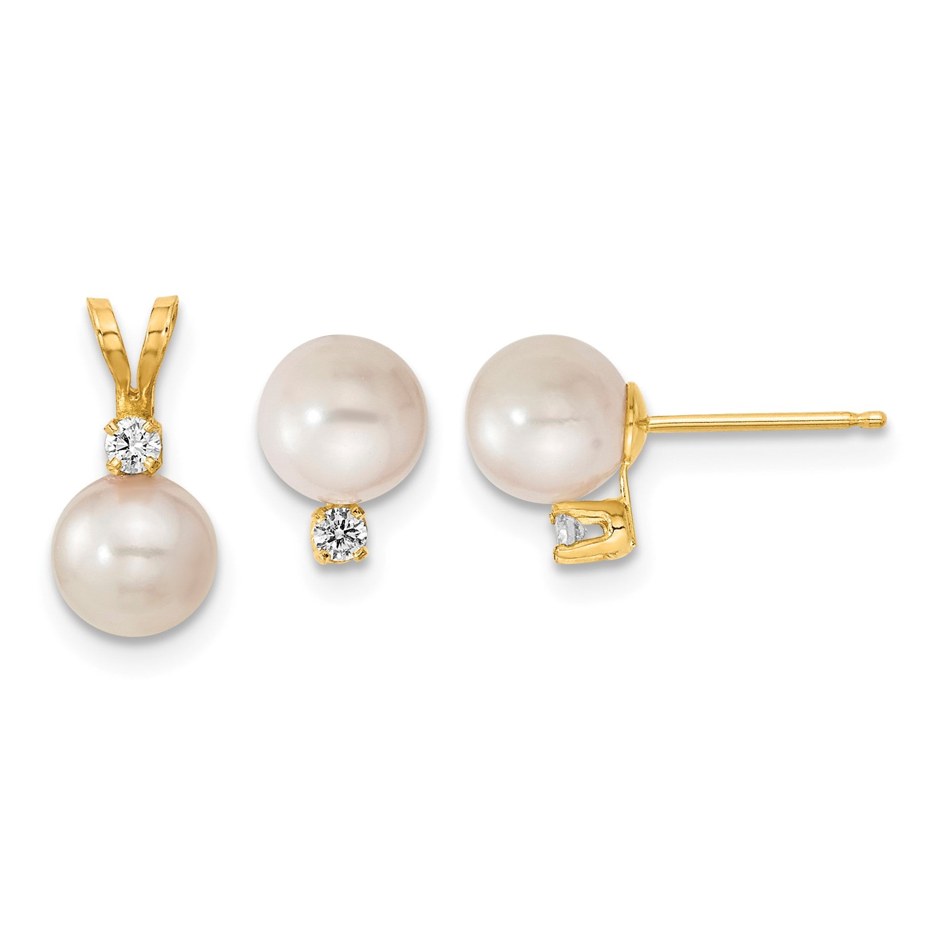 14k 6-7mm White Round Akoya Saltwater Cultured Pearl and .10 Carat Diamond Post Earrings and Pendant Set