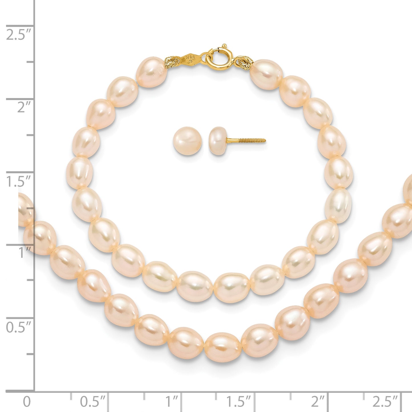 14k 3-5mm Semi-Round Pink Freshwater Cultured Pearl 12 inch Necklace / 5 inch Bracelet / Post Earrings 3-piece Set