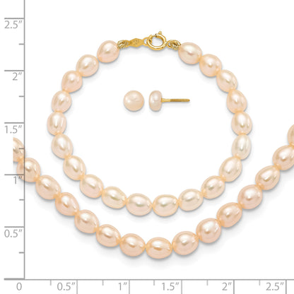 14k 3-5mm Semi-Round Pink Freshwater Cultured Pearl 12 inch Necklace / 5 inch Bracelet / Post Earrings 3-piece Set
