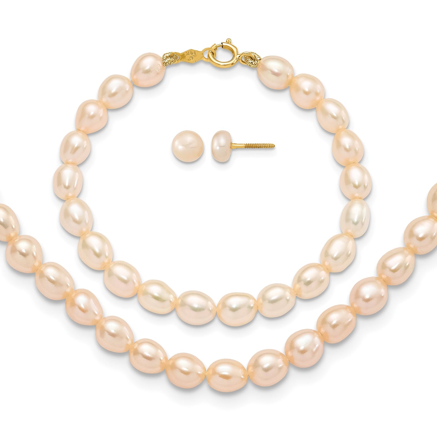 14k 3-5mm Semi-Round Pink Freshwater Cultured Pearl 12 inch Necklace / 5 inch Bracelet / Post Earrings 3-piece Set