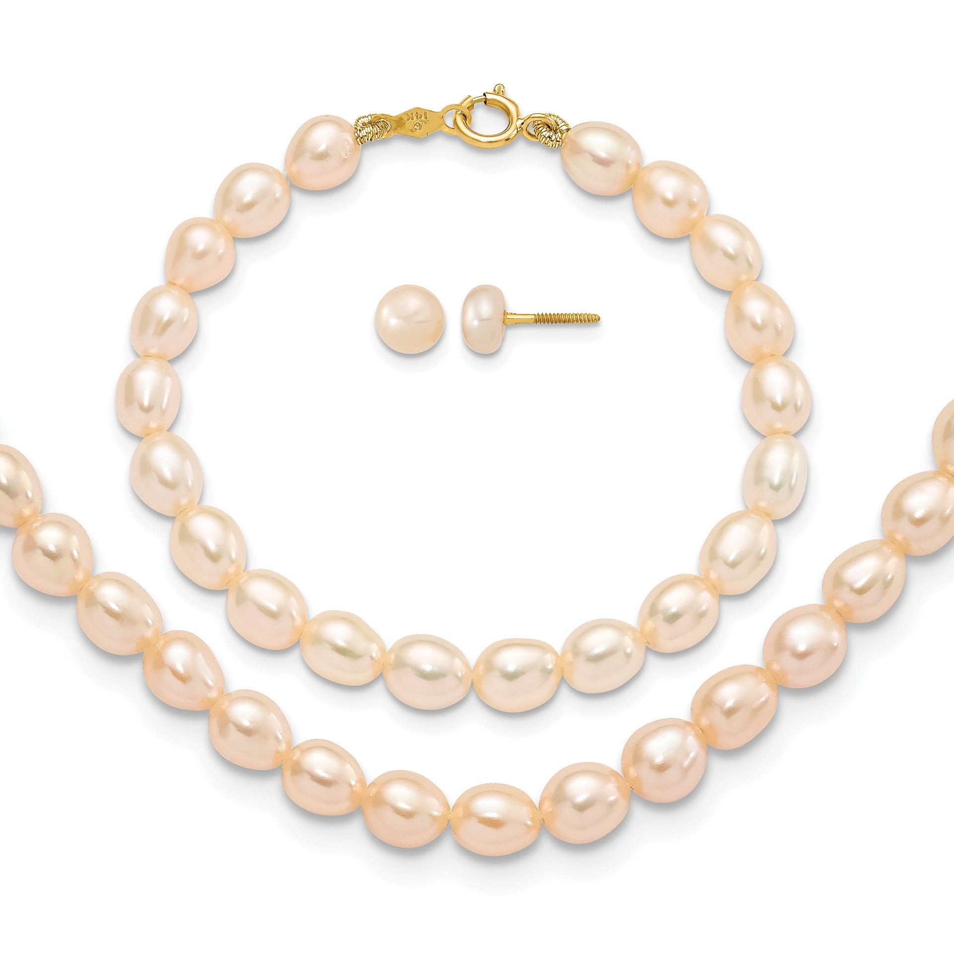 14k 3-5mm Semi-Round Pink Freshwater Cultured Pearl 12 inch Necklace / 5 inch Bracelet / Post Earrings 3-piece Set
