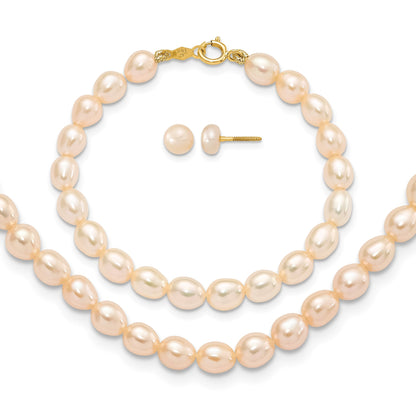 14k 3-5mm Semi-Round Pink Freshwater Cultured Pearl 12 inch Necklace / 5 inch Bracelet / Post Earrings 3-piece Set