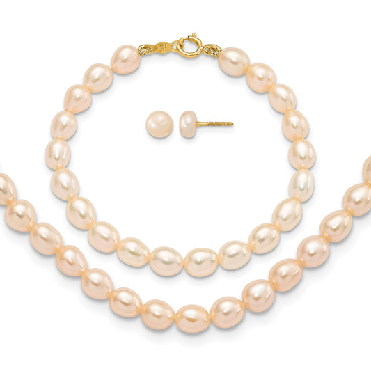 14k 3-5mm Semi-Round Pink Freshwater Cultured Pearl 12 inch Necklace / 5 inch Bracelet / Post Earrings 3-piece Set